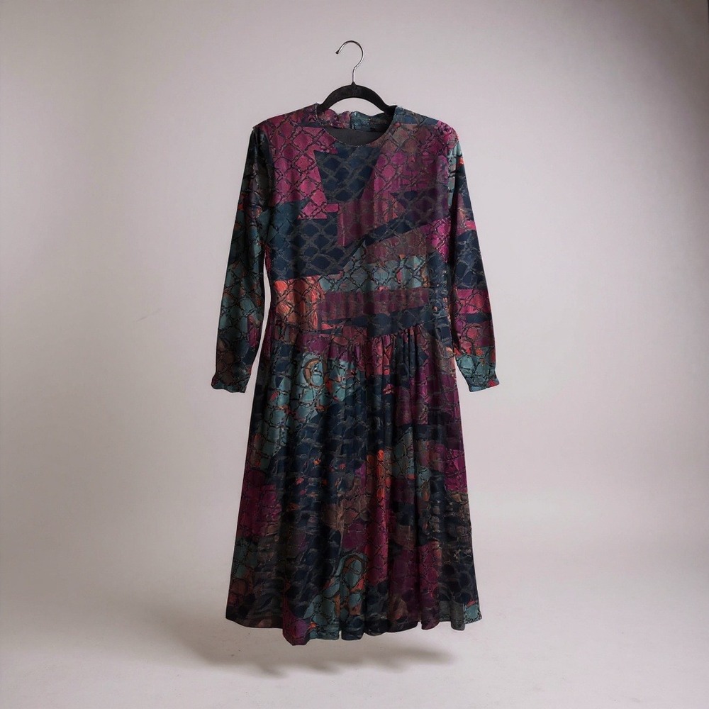 ERMANNA Velvet Patchwork Midi Dress Long Sleeve Zipper Closure Size 44